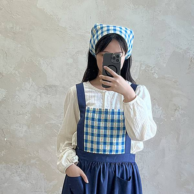 블루체크 하이디 H자 앞치마 주방 카페 프리사이즈, 앞치마 두건포함