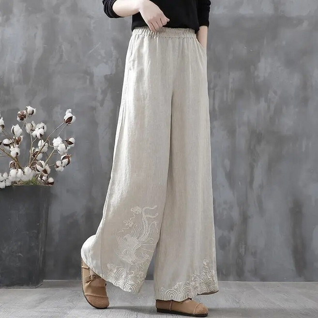 Kingfishe여성 봄여름 허리밴딩 면마 와이드 팬츠 캐주얼 빅사이즈 바지 cx9KOBO