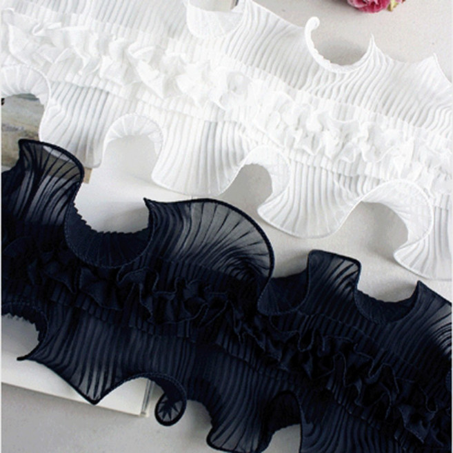 패브릭샵 쉬폰주름레이스 3단엠마 2컬러, 백아이보리, 1개