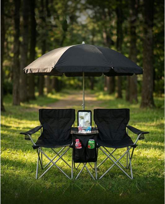 디한스 비치웨이 파라솔 낚시 캠핑의자 더블체어 아이스팩포함, 블랙, 1개