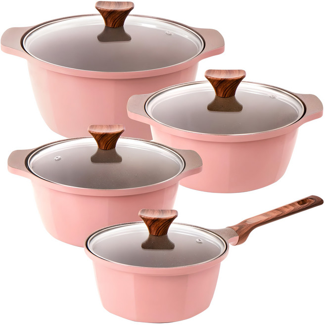 캡스톤 글램레트로 냄비세트 편수 18cm +양수 20cm + 22cm + 24cm 핑크 가스용 냄비추천, 가스용 18편수+20양수+22양수+24양수, 1세트