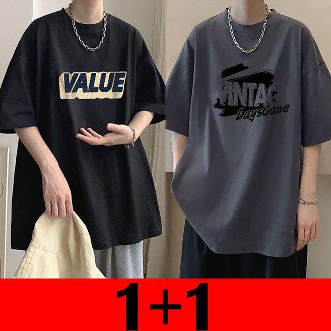 지고다그 1+1 남성 여름 반팔 티셔츠 오버핏 프린트 라운드넥 데일리 캐주얼 상의 LJM1011