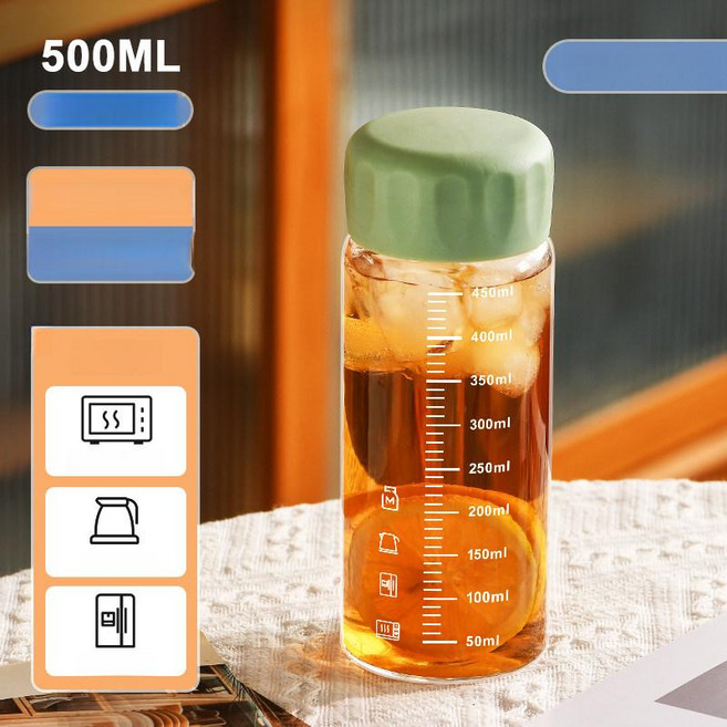 내열유리컵 밀폐형 뚜껑 가정용 눈금표시 휴대용 물컵 홈카페컵, 1개, 그린 눈금 450ml 500ml 전체 B