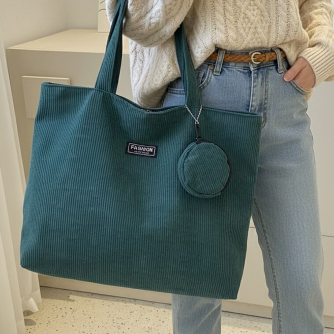 엣모스트 데일리 골덴 코듀로이 지퍼 에코백+미니 키링 파우치