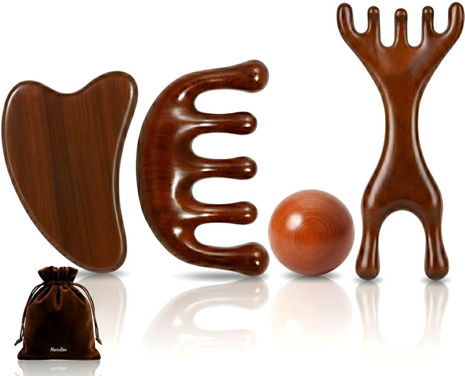 천연목 나린그루 나무 괄사 얼굴 두피 바디 마사지기 4종세트, 브라운 원목, 1세트