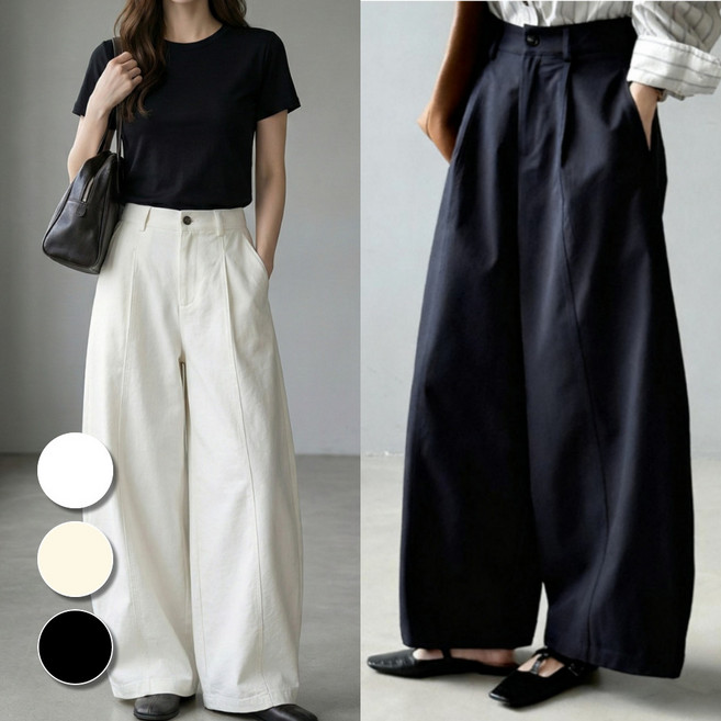 핏몬 여성 핀턱 하이웨스트 코튼 밴딩 와이드 팬츠