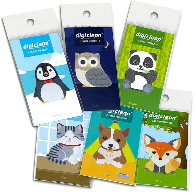 극세사 동물 캐릭터 핸드폰 모니터 액정클리너 스티커 6개 set 안경 닦이 클리너, 6종, 스마트폰+태블릿, 가능