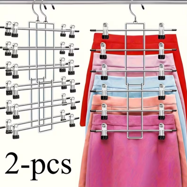 공간절약 360도 회전 헤비듀티 6단 집게형 논슬립 바지걸이 2P 세트, 2개, 실버