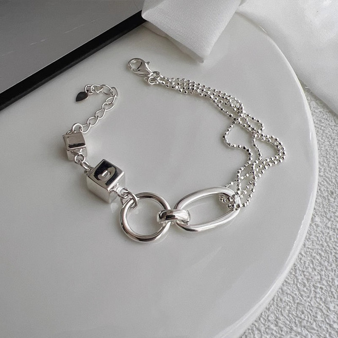 GB마트 925실버 유니크 오벌믹스 팔찌감성 큐브 포인트 체인 도금 은팔찌