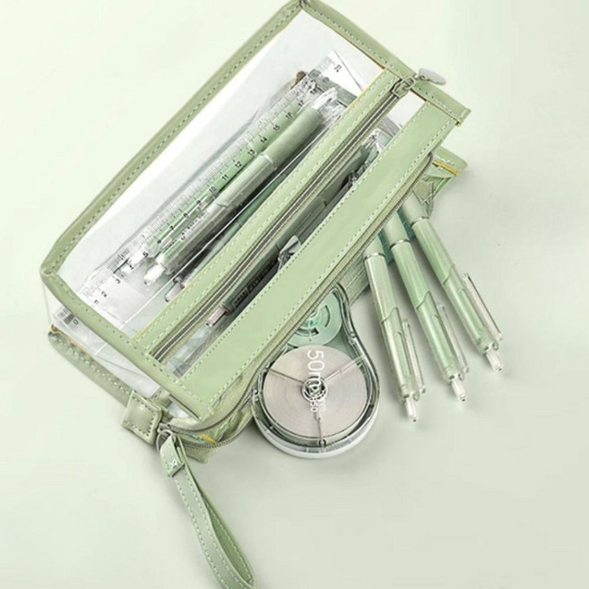 위즈플러스샵 투명포켓 대용량 필통 파우치, 1개, 그린