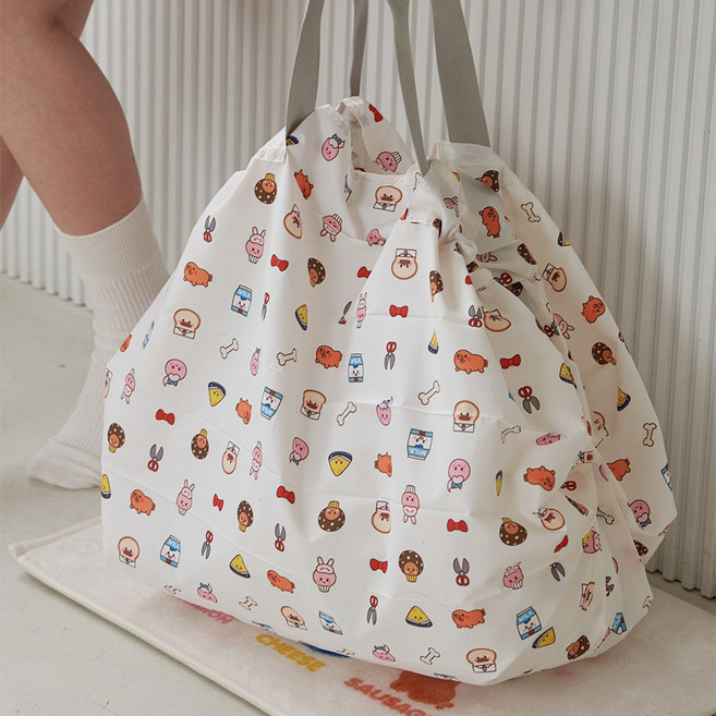 디어커스 접이식 장바구니 아트 콜라보 팝콘 플리츠백(브레드이발소), 1개, 커스터드