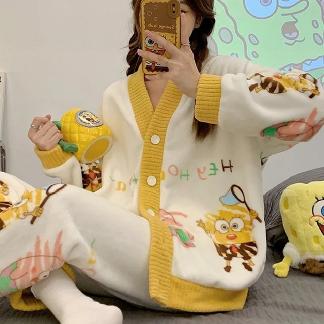 울랄라파자마 보아털 산호 양털 잠옷 여성 가을과 겨울 두꺼운 양털 안감 달콤하고 귀여운 X 긴 잠옷 플란넬 겨울 잠옷