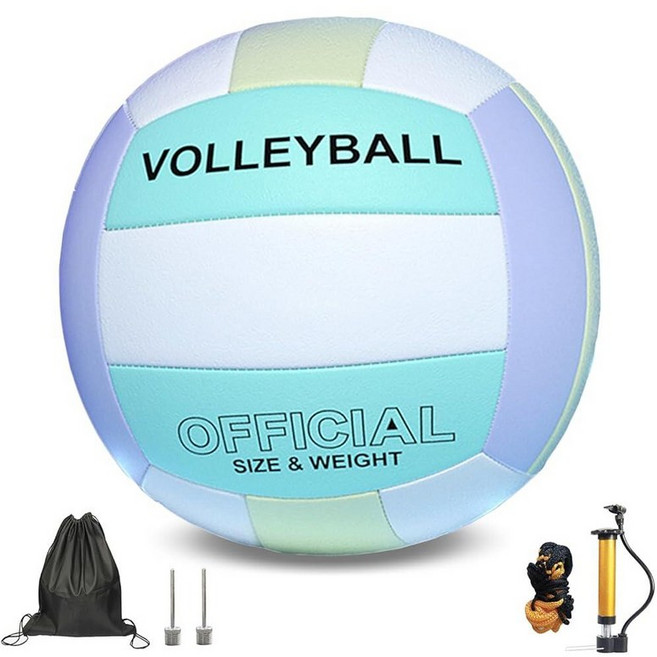 ZLY 배구 실내 야외용 공식 사이즈 5 배구공 볼 펌프와 함께하는 비치 플레이 풀 트레이닝 게임용 소프트 터치 배구공, 연한 녹색, 1개