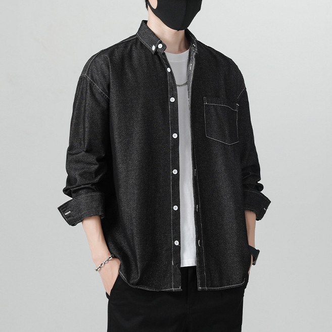 男裝牛仔長袖襯衫男士春秋季新款時尚透氣復古休閒免燙襯衣潮外套