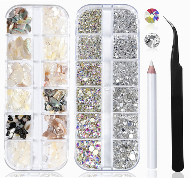 마이뷰티 자개 네일파츠스톤 셀프 네일 세트, 1세트, 자개 + 보석 네일파츠 + 스톤피커 + 네일핀셋