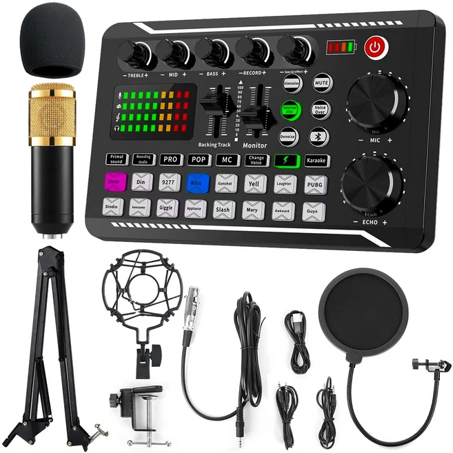 사운드 카드 스튜디오 믹서 노래 소음 감소 휴대용 마이크 음성 라이브 방송 전화 컴퓨터 녹음오디오 인터페이스 세트, 금색 - 쿠팡