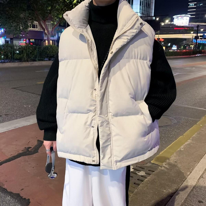 TIMEPURE 남녀공용 패딩조끼 데일리 보온 오버핏 빅사이즈 스탠드 루즈핏 캐주얼 칼라 유니섹스 다운 패딩 조끼 심플 베이직