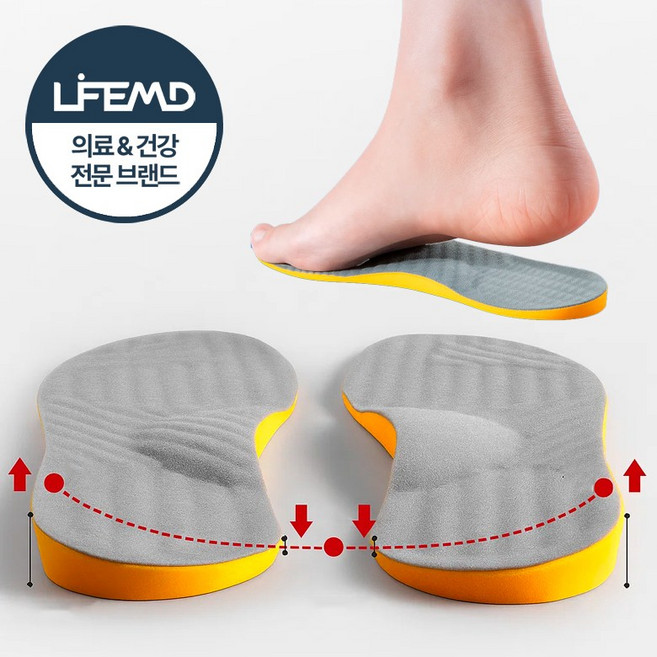 라이프엠디 오다리 교정용 깔창 O자형 다리 평발 교정 기능성 인솔 족저근막염 보조 아치 쿠션 발편한 구름 메모리폼 패드, 1세트