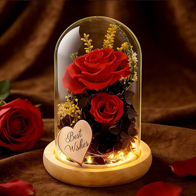 유리돔 기념일선물꽃다발 인테리어무드등 프리저브드 장미꽃 말린부케, 빨간 장미 유리 돔 
