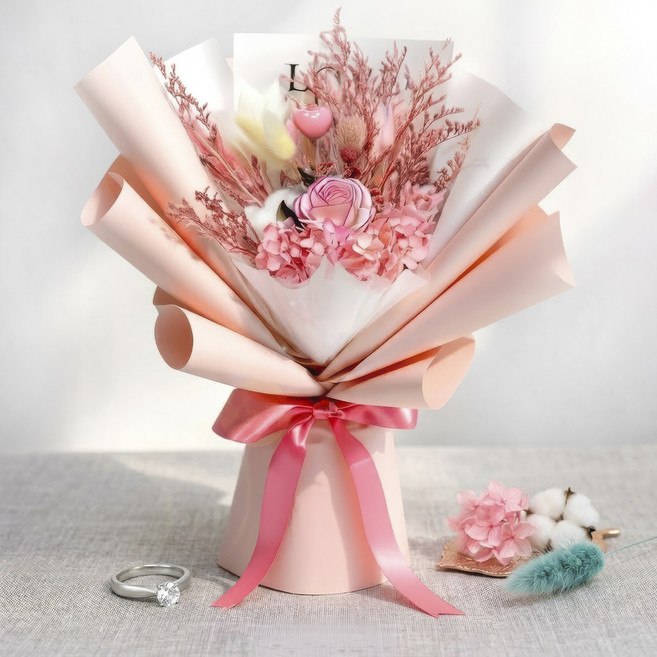BSTS 뷰티스테이즈 생화 프리저브드 비누꽃 꽃다발 + 프리미엄 쇼핑백, 로맨틱핑크