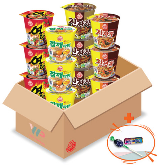 오뚜기 컵라면 소컵 4종 혼합세트 참깨라면 3컵+진짬뽕 3컵+진짜장 3컵+열라면 3컵 총 12컵 미니 맨토스+투시팝 사탕 사은품 2종 증정, 1개