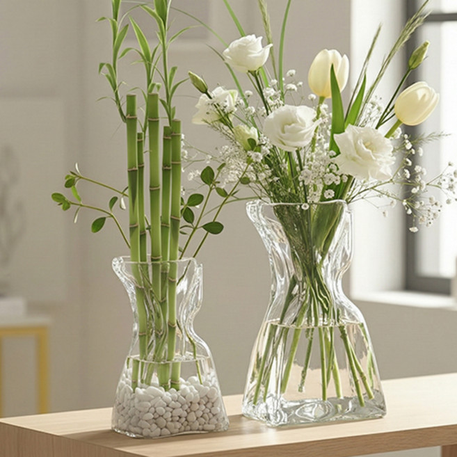 홈데코 인테리어 투명 유리 꽃병 오브제 집들이 선물 화병 2종세트 P153, 단일컬러