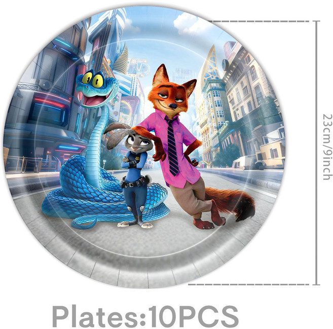 주토피아 생일파티 파티용품 캐릭터 여우 동물 생일 장식 주디 피규어 토끼, 1개, 9인치 종이 접시 10개