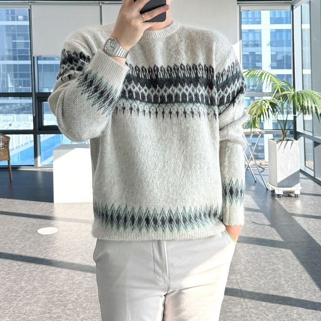 룩플레인 세련된 브러쉬 원단 페어아일 라운드 니트 2color