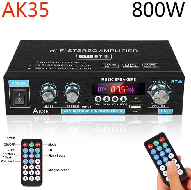 디지털 오디오 앰프 2 채널 블루투스 50 하이파이 FM 자동 음악 서브우퍼 스피커 스테레오 가정용 자동차 파워 앰프 AK35 800W, 5)AK170 400W, 1개