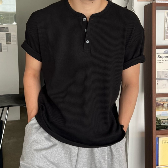 고즈웰컴퍼니 어깨넓어보이는 남성 테토 와플 헨리넥 오버핏 반팔 티셔츠