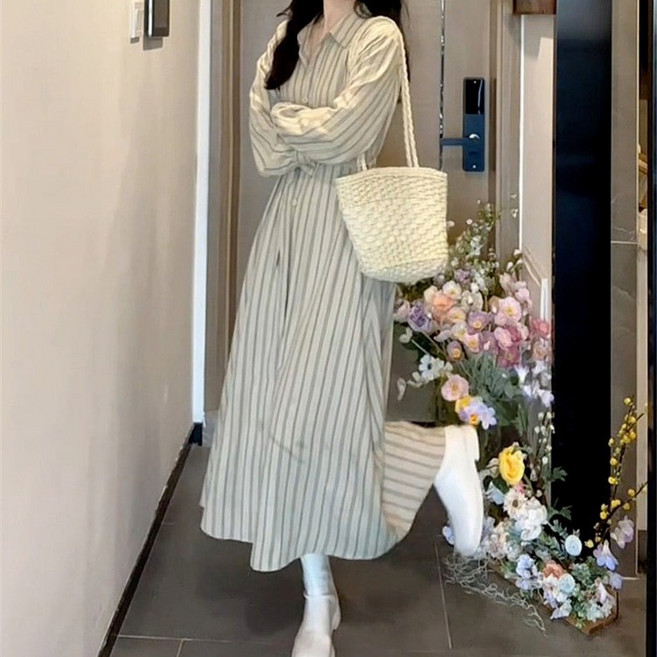 쁘띠꼬모 여성 스트라이프 긴팔 셔츠 원피스 기질 롱스커트 N33108
