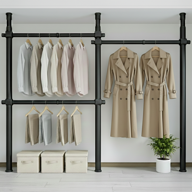 32파이 와이드 3단 행거 설치형 튼튼한 시스템 행거, 넓이 200-360cm x 높이 110-260cm