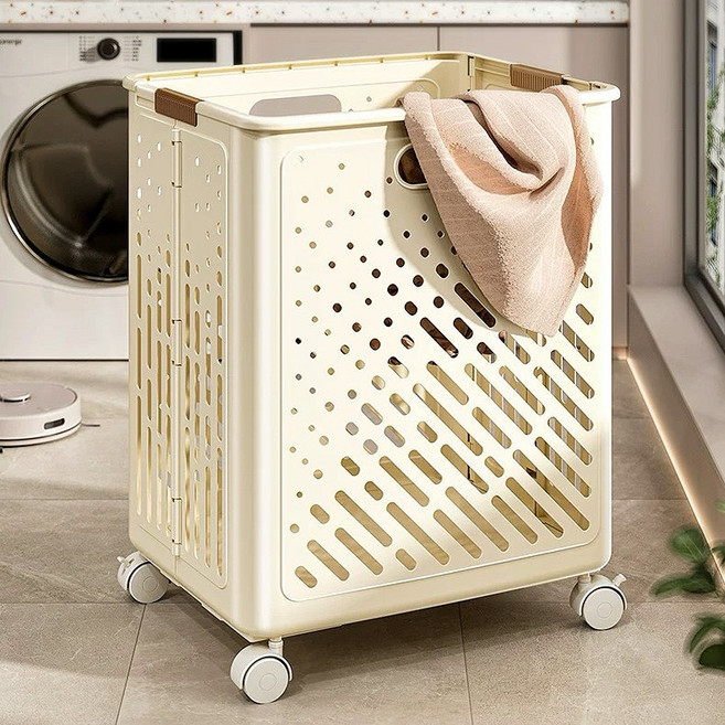 올해브 대용량 접이식 이동식 세탁 빨래바구니, 아이보리