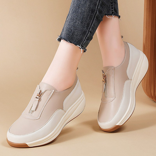 DarjinQD 여성 가죽 키높이 슬립온 패션 지퍼 발편한 단화 로퍼 여성 통굽 신발 여성 통굽 구두 여성 단화335