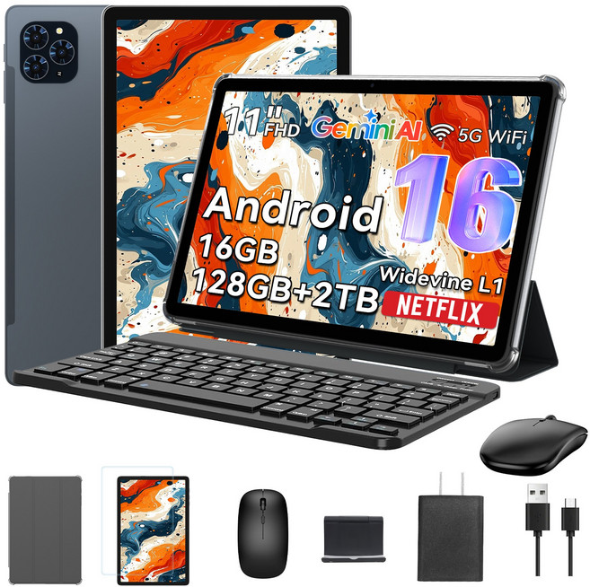 TABWEE 2026 최신형 태블릿 Android16 Gemini AI 11인치 태블릿PC 16GB +128GB 2TB확장 옥타코어 게이밍 테블릿 pc 9in1 키보드세트, Wi-Fi, 128GB, 회색