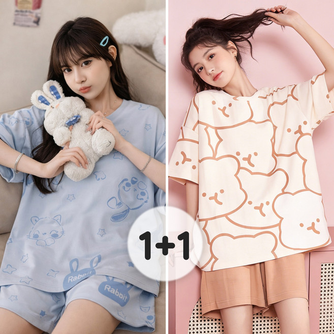 Flyaiku 1+1 여자 잠옷세트 큐트 캐릭터 반팔 반바지 여름 홈웨어 상하세트