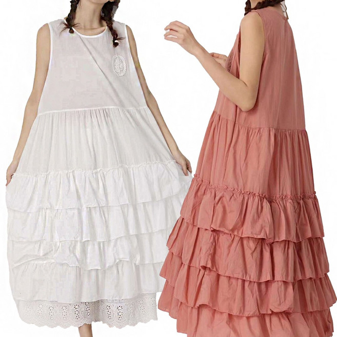 볼륨 프릴 캉캉 원피스 빅 사이즈 아사 면 민소매 이너 핑크