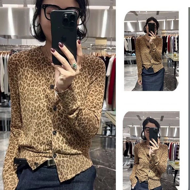 페이준 여성 봄 가을 패션 호피 가디건 데일리 심플 통근 레오파드 긴팔 티셔츠 YFB386
