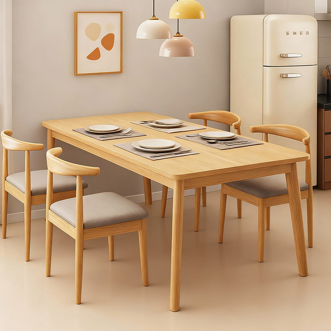 홈컴 식탁 심플 우드 다용도 사각 테이블 원목 식탁, 4인용, 나무색