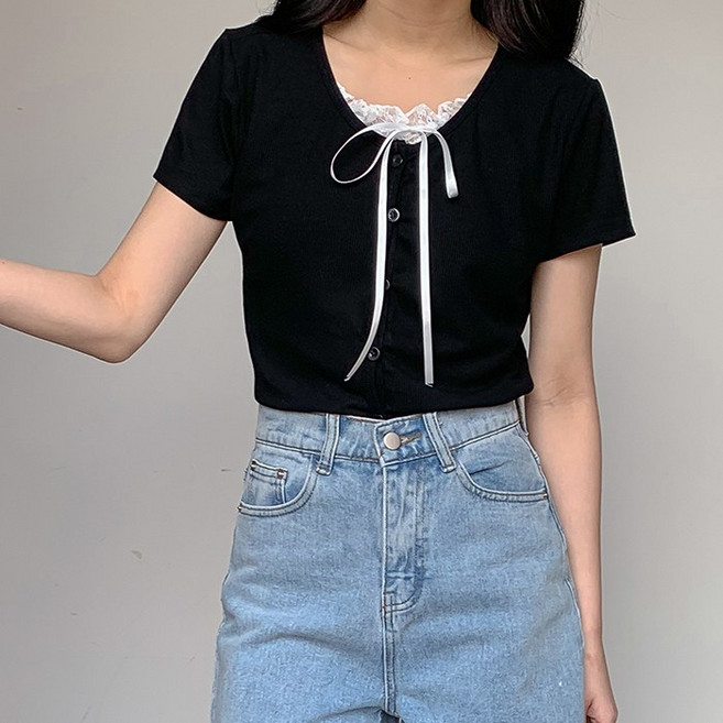 빼빼 여성용 레이스 레이어드 스판 반팔 가디건형 티셔츠