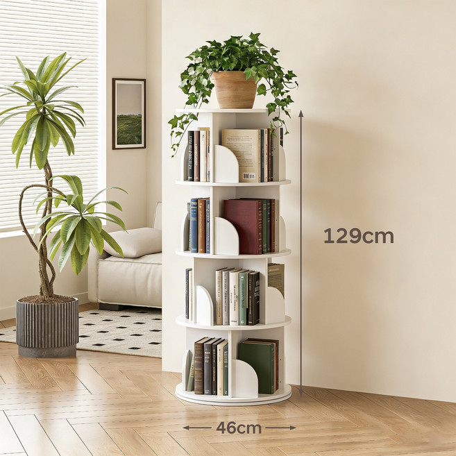 Paradoma 회전 책장 책꽂이 360도 대용량 거실책장 서재 원형 책장, 흰색, 4단