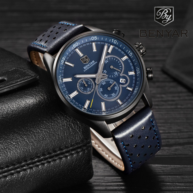 위드에이 BENYAR 해외브랜드 남성 쿼츠타입 가죽시계 케쥬얼 정장 비즈니스 남자시계 소가죽 크로노 스탑워치기능 3종 5108M