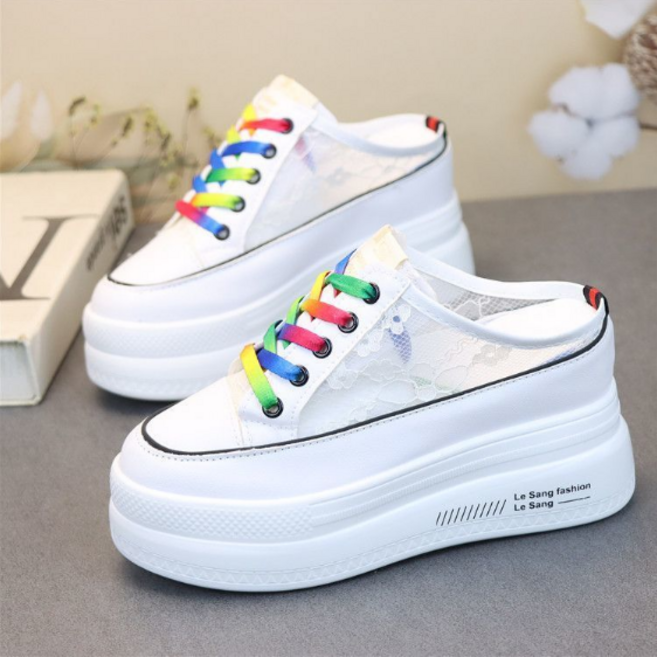 ZCBV여름 여성 통굽 키높이 10cm 운동화 망사 펀칭 샌들 레이스업 반 슬리퍼