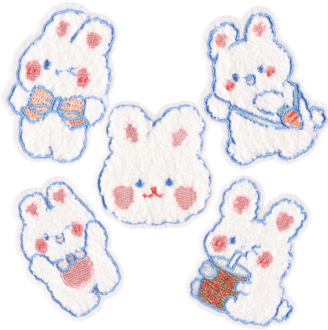 별라 열접착식 와펜 자수 패치 토끼 5종 세트, 5개, 화이트, 화이트계열