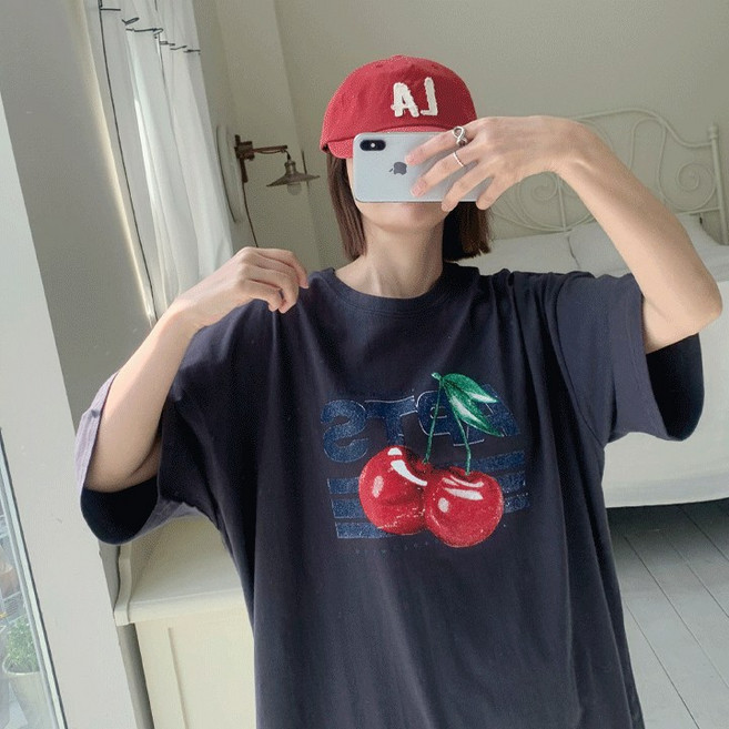 애플망고옷장 오버핏 여성 뉴블랙 체리 반팔 롱티셔츠