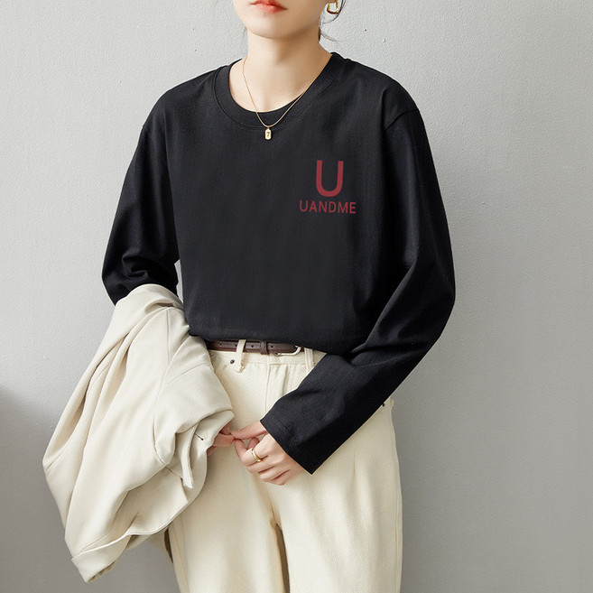 韓版寬鬆百搭純棉長袖T恤女裝 印花圓領上衣