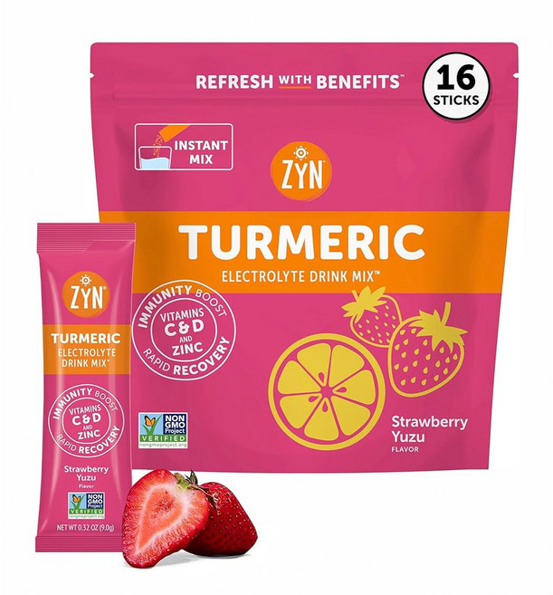 ZYN 전해질 음료 믹스 패킷 분말 강황 커큐민이 포함된 비타민 C 및 D 아연 웰빙용 수화물 버라이어티 팩 32개, Strawberry Yuzu, 16 Count (Pack of 1)