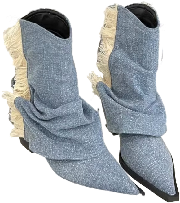 여성용 봄과 가을 발목 부츠 카우보이 부츠 라이트 블루 하이힐 빈티지 포인팅 바지 부츠 청키 힐 부츠 슬리브 술 발목 부츠 KGRJA09J