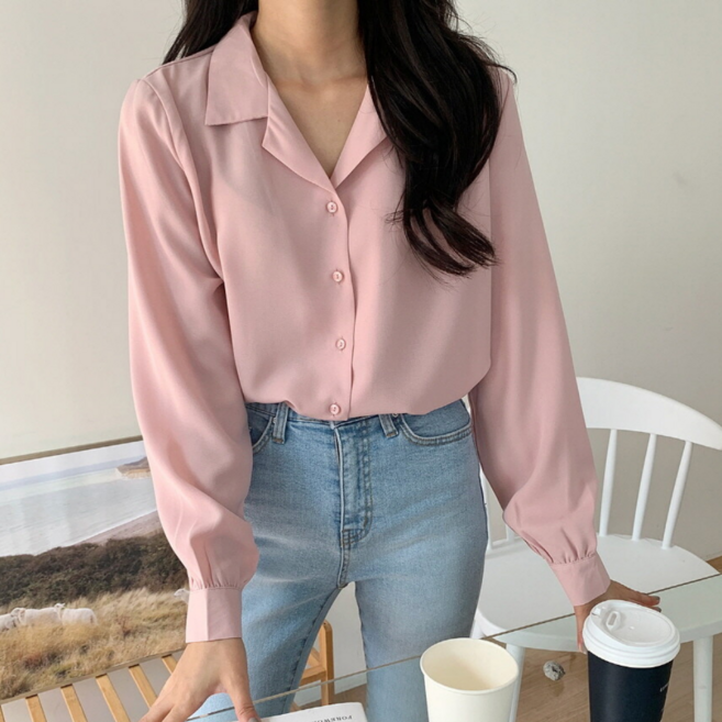 드몽 여성 링클프리 데일리 기본 긴팔 셔츠 브이넥 오픈카라 블라우스 오피스룩