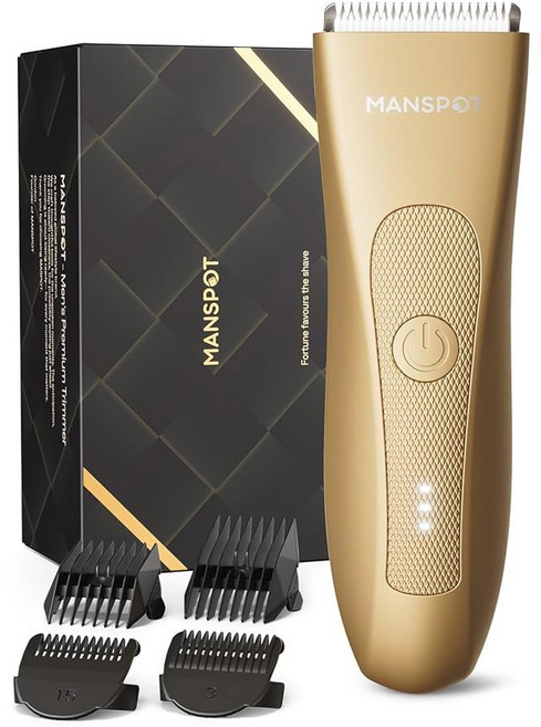 맨스팟 맨스케이프 남성용 및 바디 헤어 트리머 전동 볼 퍼빅 트리머 면도기 가드 4개가 있는 키트 교체 가능한 세라믹 블레이드 방수 습식/건식 90분 면도, Gold